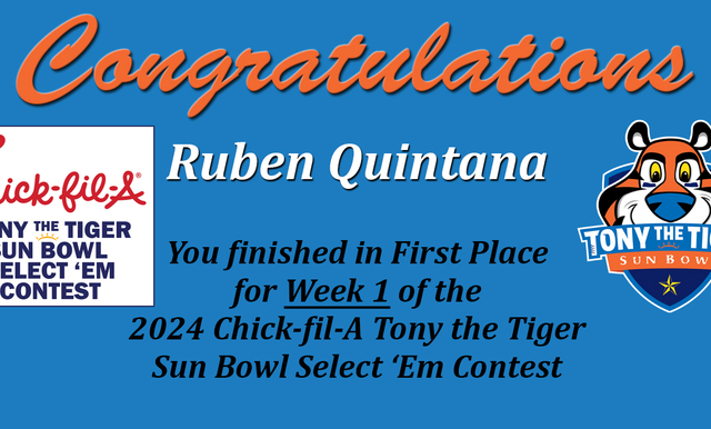 Chick-fil-A Tony the Tiger Sun Bowl Select ‘Em Contest: Weekly Winner & Upcoming Games